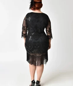 Unique Vintage Everyday Dresses|Special Occasion>Plus Size 1920s Black Beaded & Sequin Margaux Sleeved Fringe Flapper Dress