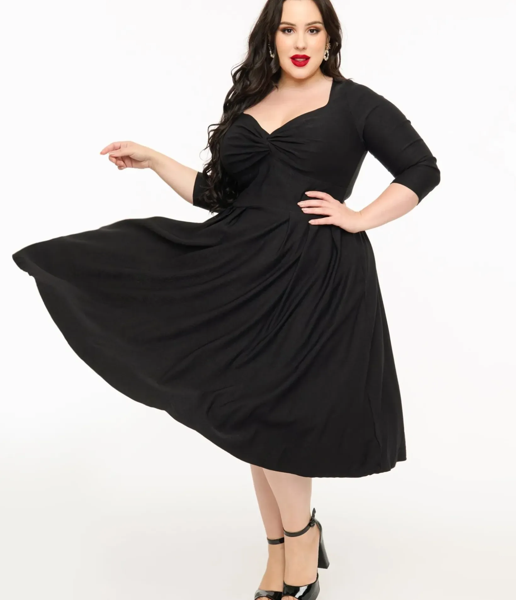 Unique Vintage Swing|Pocket Dresses>Plus Size 1950s Black Bengaline Front Twist Swing Dress
