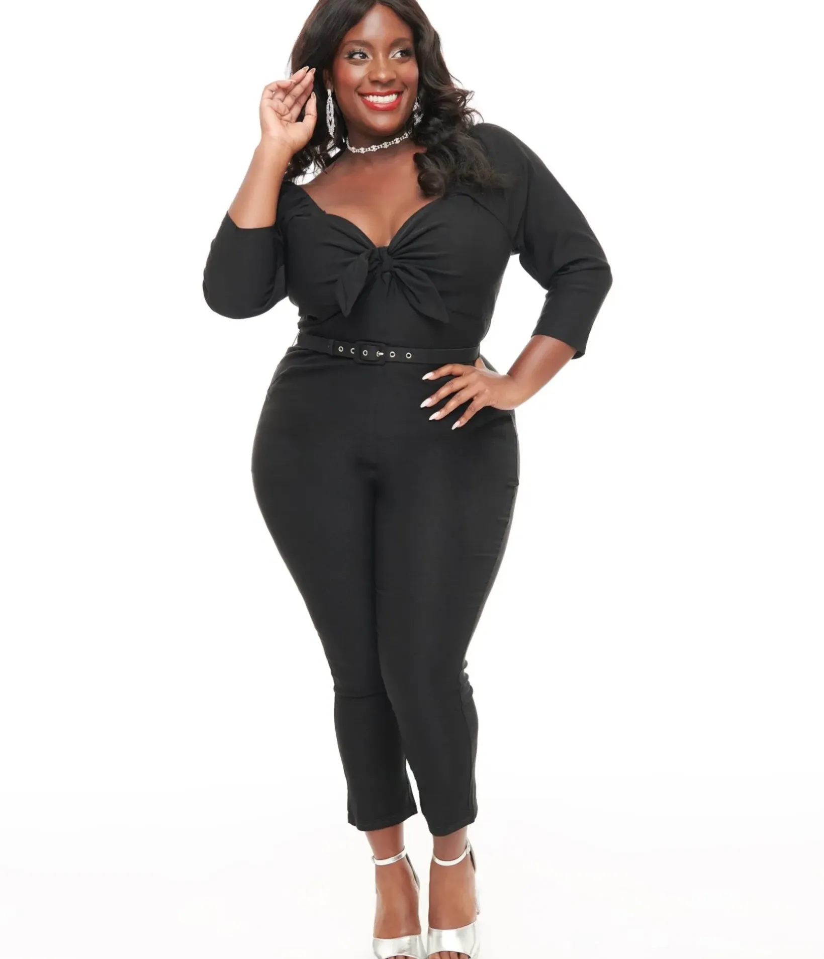 Unique Vintage Rompers & Jumpsuits|Rompers & Jumpsuits>Plus Size 1950s Black Bow Bengaline Jumpsuit