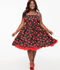 Unique Vintage Swing|Pocket Dresses>Plus Size 1950s Black & Cherry Print Cotton Pinafore Swing Dress