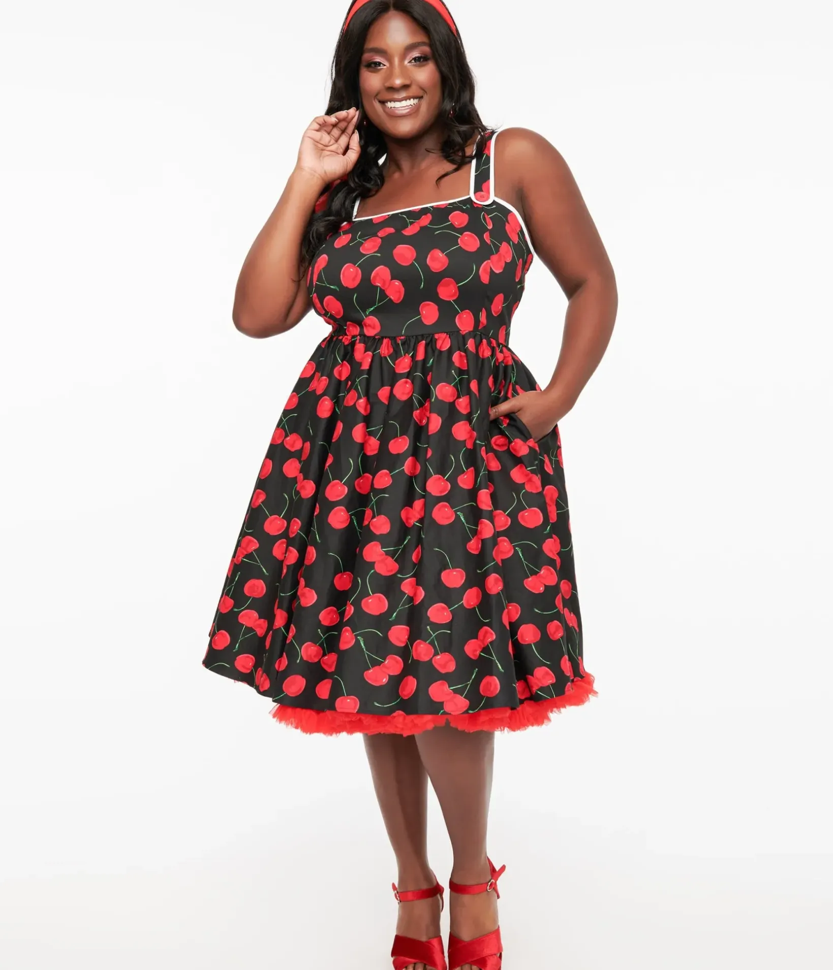 Unique Vintage Swing|Pocket Dresses>Plus Size 1950s Black & Cherry Print Cotton Pinafore Swing Dress