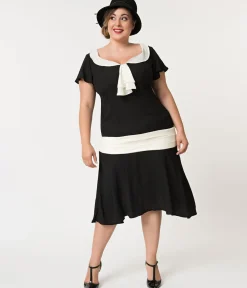 Unique Vintage Everyday Dresses|Special Occasion>Plus Size 1920s Black & Cream Wilshire Flapper Day Dress