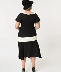 Unique Vintage Everyday Dresses|Special Occasion>Plus Size 1920s Black & Cream Wilshire Flapper Day Dress