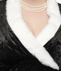 Unique Vintage Swing|Swing>Plus Size 1950s Black Crushed Velvet & White Fur Delores Swing Dress