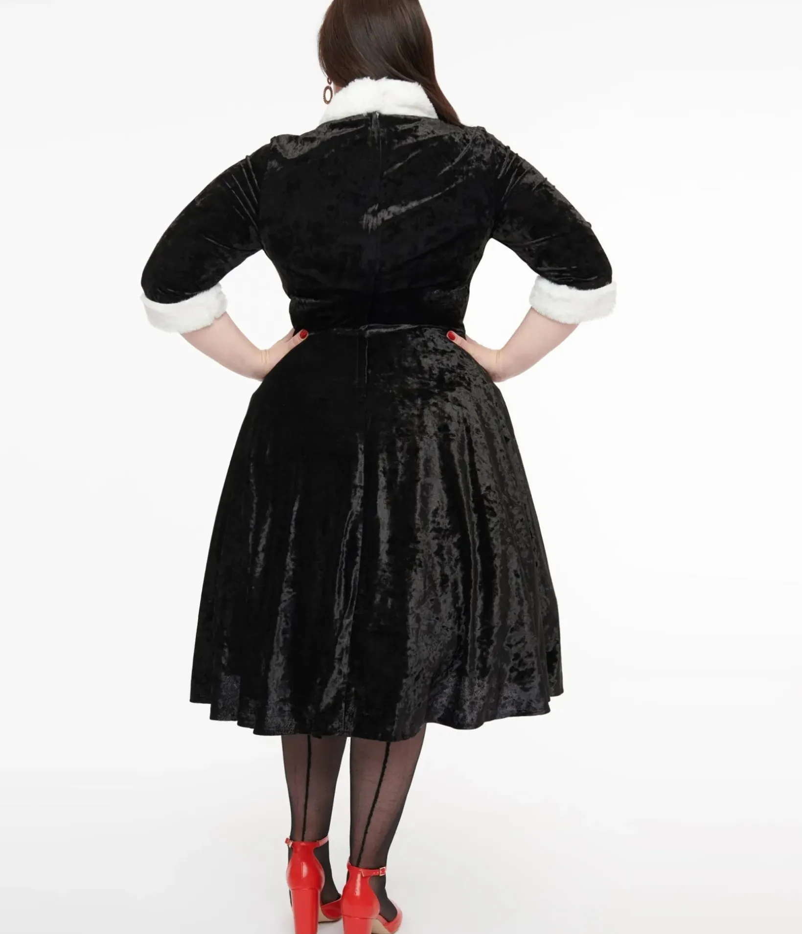 Unique Vintage Swing|Swing>Plus Size 1950s Black Crushed Velvet & White Fur Delores Swing Dress