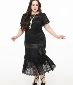 Unique Vintage Midi|Everyday Dresses>Plus Size 1920s Black Floral Lace & Bow Flapper Dress
