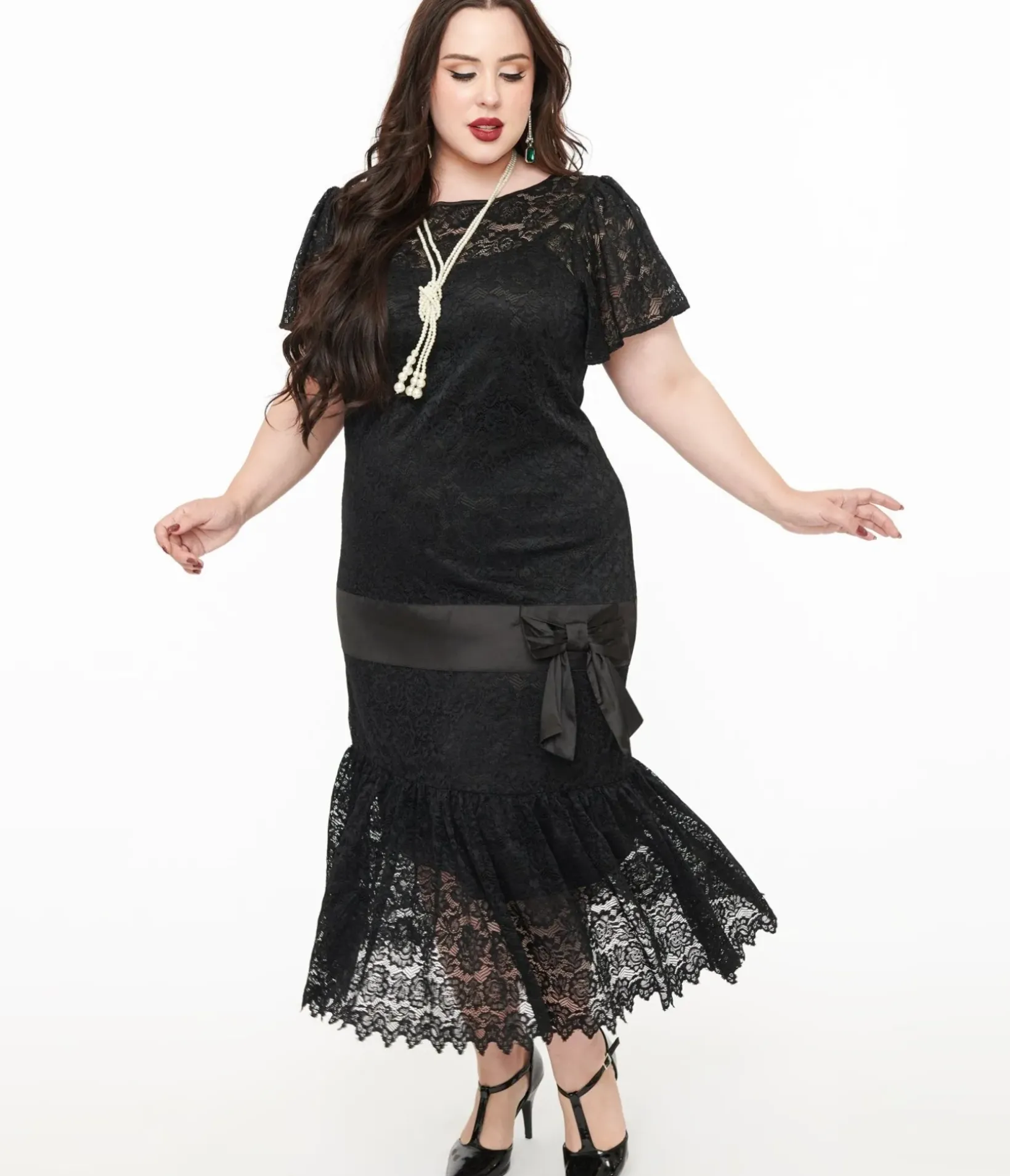 Unique Vintage Midi|Everyday Dresses>Plus Size 1920s Black Floral Lace & Bow Flapper Dress