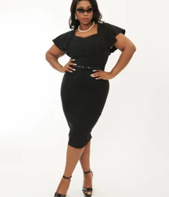 Unique Vintage Pencil|Pencil>Plus Size 1940s Black Flutter Sleeve Sweetheart Wiggle Dress