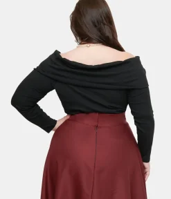 Unique Vintage All Things Black>Plus Size 1960s Black Folded Shoulder Knit Top