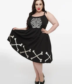 Unique Vintage Swing|Pocket Dresses>Plus Size 1950s Black & Glow in the Dark Skeleton Bobbie Swing Dress