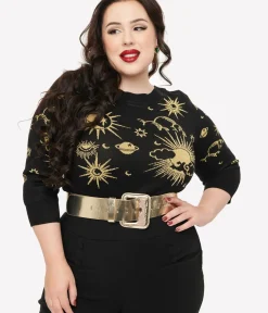 Unique Vintage Sweaters & Cardigans|Sweaters & Cardigans>Plus Size 1950s Black & Gold Celestial Minou Sweater