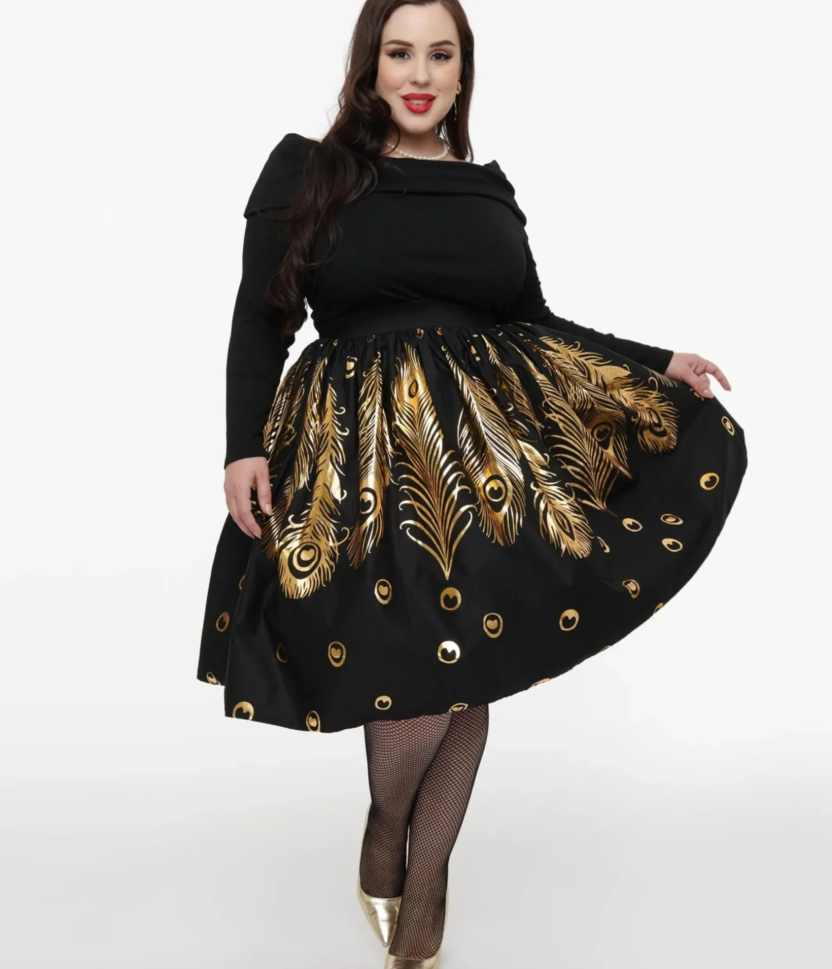 Unique Vintage Skirts|Skirts>Plus Size 1950s Black & Gold Foil Feather Gellar Swing Skirt