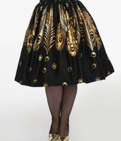 Unique Vintage Skirts|Skirts>Plus Size 1950s Black & Gold Foil Feather Gellar Swing Skirt