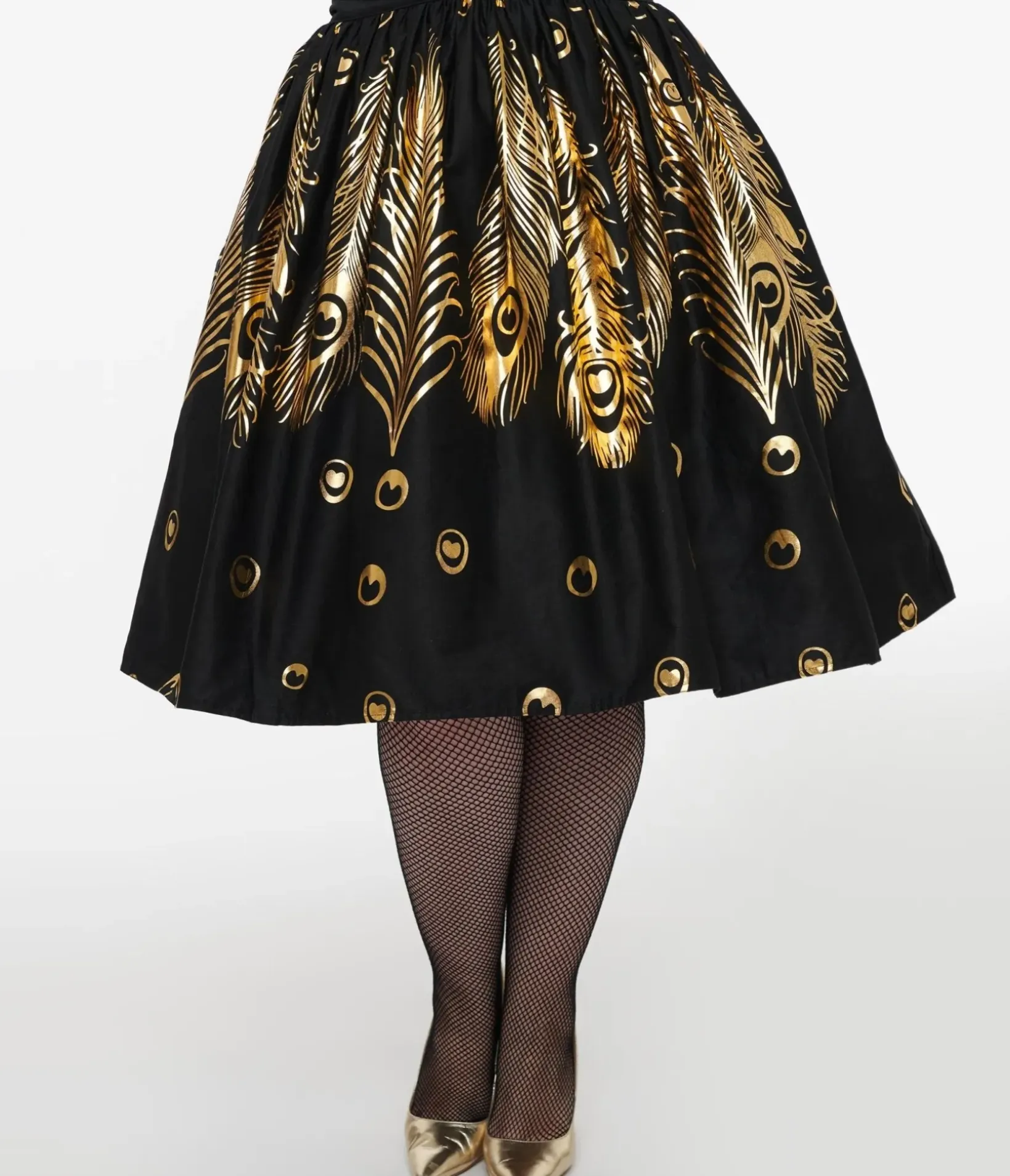 Unique Vintage Skirts|Skirts>Plus Size 1950s Black & Gold Foil Feather Gellar Swing Skirt