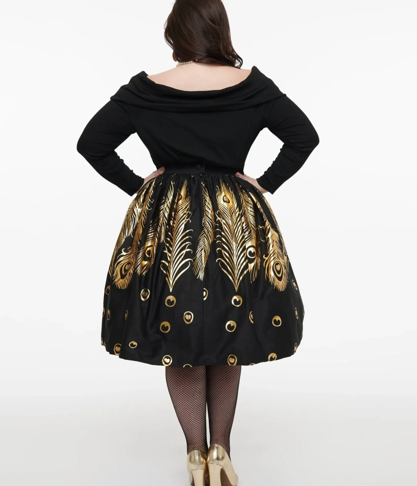 Unique Vintage Skirts|Skirts>Plus Size 1950s Black & Gold Foil Feather Gellar Swing Skirt