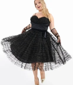 Unique Vintage Swing|Swing>Plus Size 1950s Black & Gold Glitter Tulle Cupcake Swing Dress