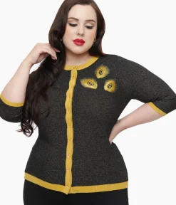 Unique Vintage Sweaters & Cardigans>Plus Size 1950s Black & Gold Peacock Feather Embroidered Bookworm Cardigan