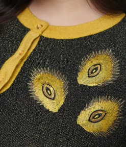 Unique Vintage Sweaters & Cardigans>Plus Size 1950s Black & Gold Peacock Feather Embroidered Bookworm Cardigan