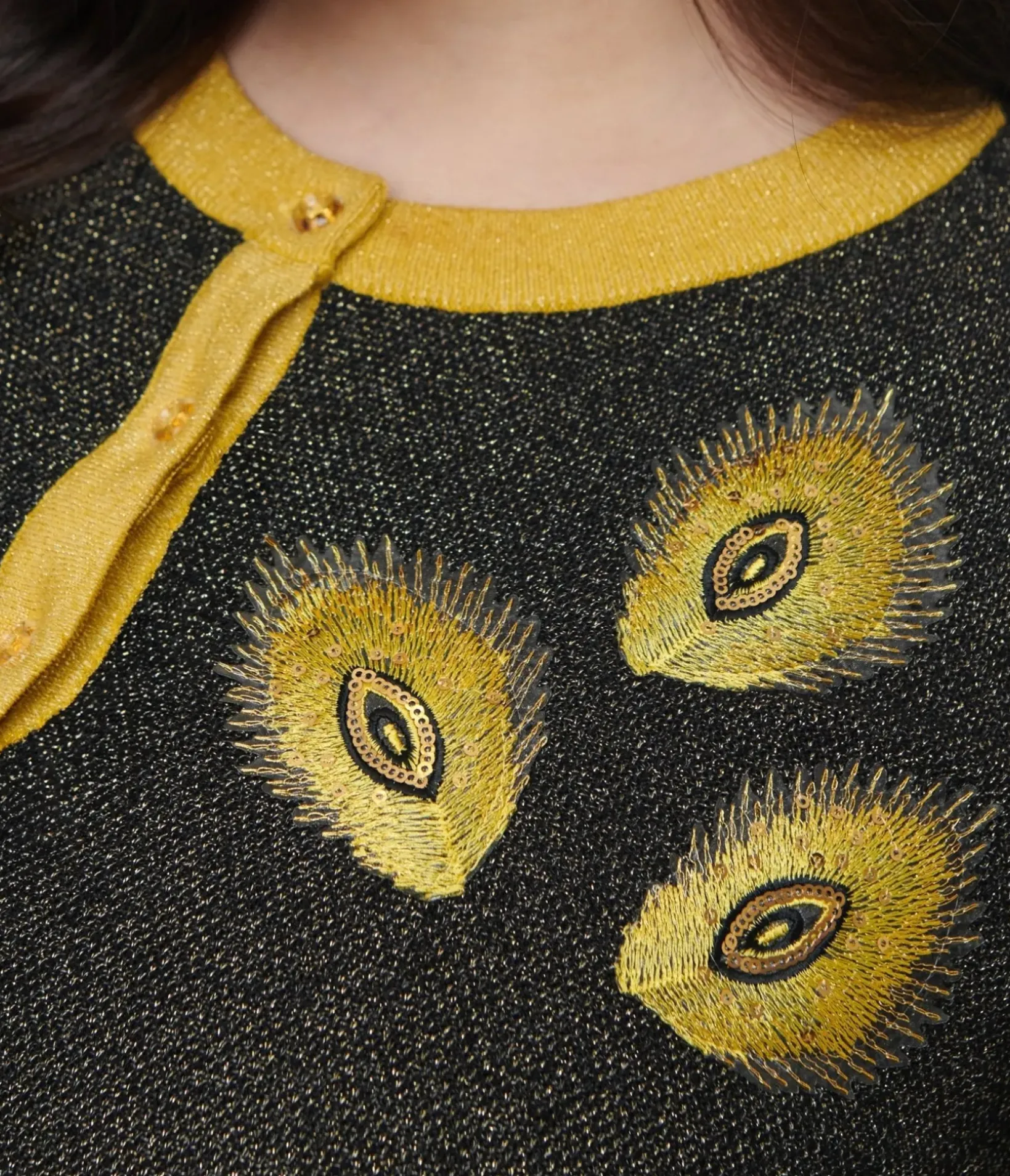 Unique Vintage Sweaters & Cardigans>Plus Size 1950s Black & Gold Peacock Feather Embroidered Bookworm Cardigan