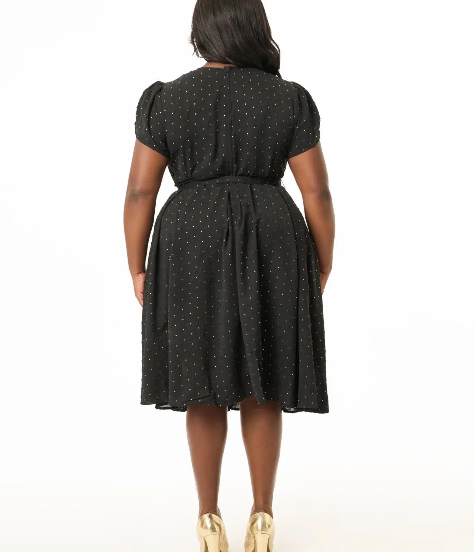 Unique Vintage Swing|Midi>Plus Size 1950s Black & Gold Pin Dot Dahlia Swing Dress