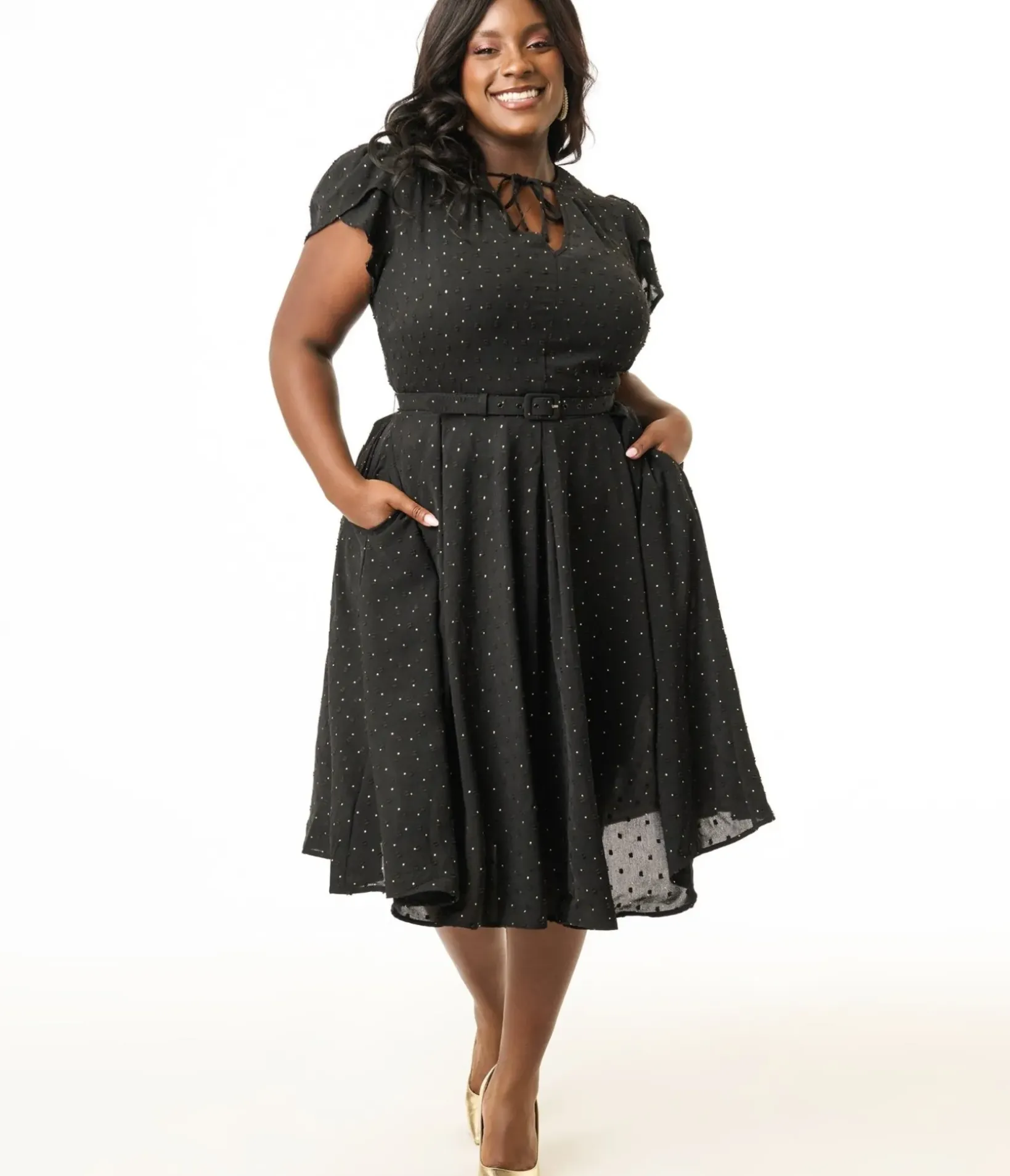 Unique Vintage Swing|Midi>Plus Size 1950s Black & Gold Pin Dot Dahlia Swing Dress