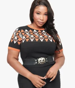 Unique Vintage Sweaters & Cardigans|Sweaters & Cardigans>Plus Size 1950s Black Halloween Argyle Sweater