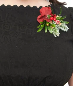 Unique Vintage Swing|Swing>Plus Size 1950s Black Holiday Floral Pin Cotton Swing Dress