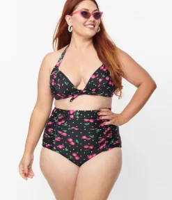 Unique Vintage Swim Bottoms|All Things Pink>Plus Size 1950s Black & Hot Pink Cherry Pin Dot Monroe Swim Bottom