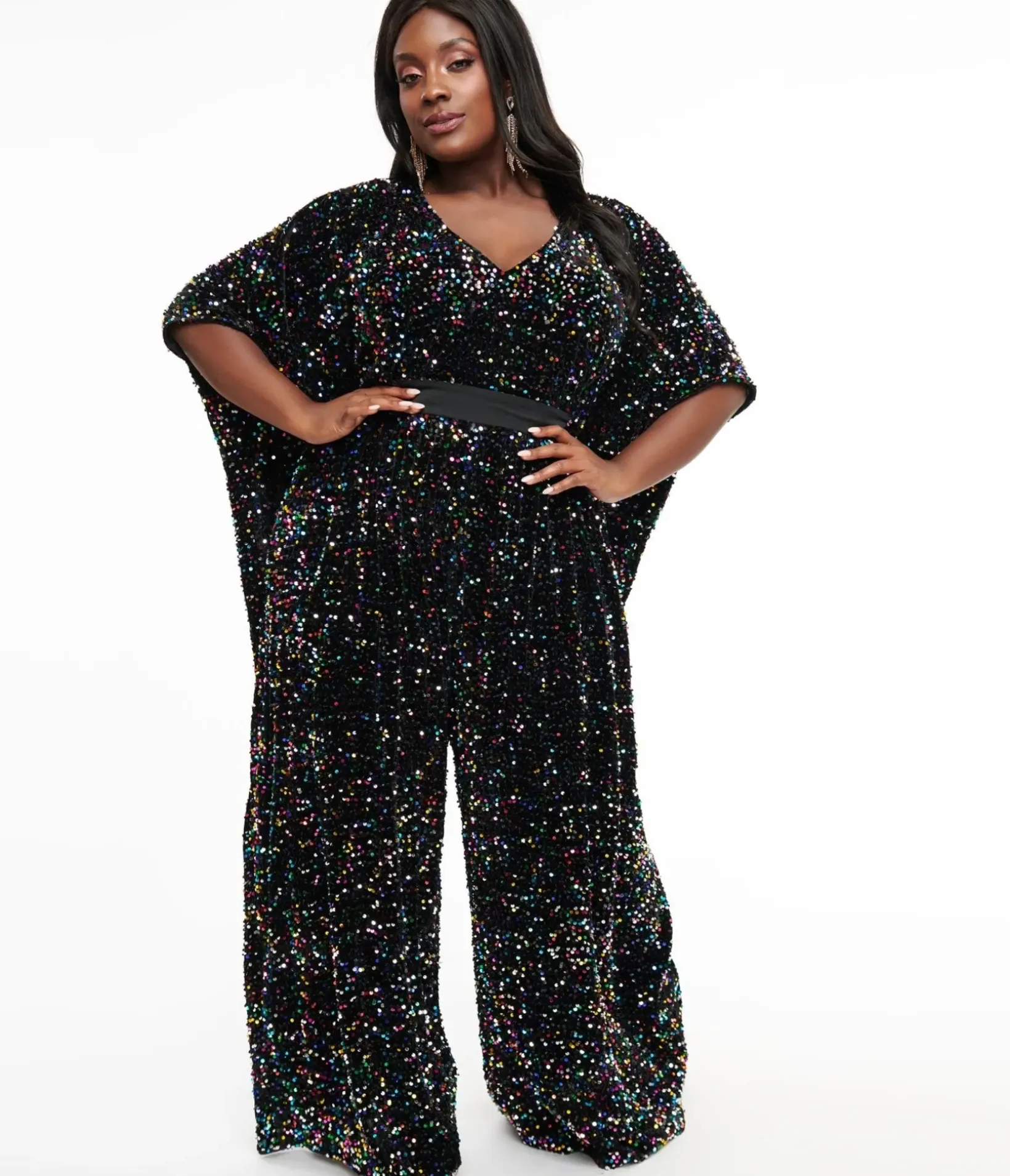 Unique Vintage Caftans|Caftans>Plus Size 1970s Black Iridescent Sequin Caftan Jumpsuit