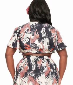 Unique Vintage Blouses|Blouses>Plus Size 1960s Black Jungle Cat Print Dottie Crop Top