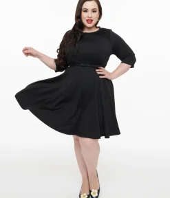 Unique Vintage Fit & Flare|Fit & Flare>Plus Size 1960s Black Knit Stephanie Fit & Flare Dress