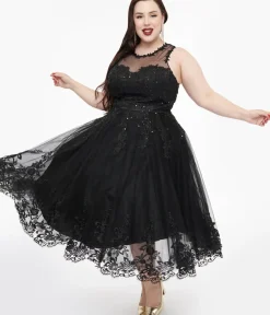 Unique Vintage Swing|Swing>Plus Size 1950s Black Lace & Tulle Riviera Dress