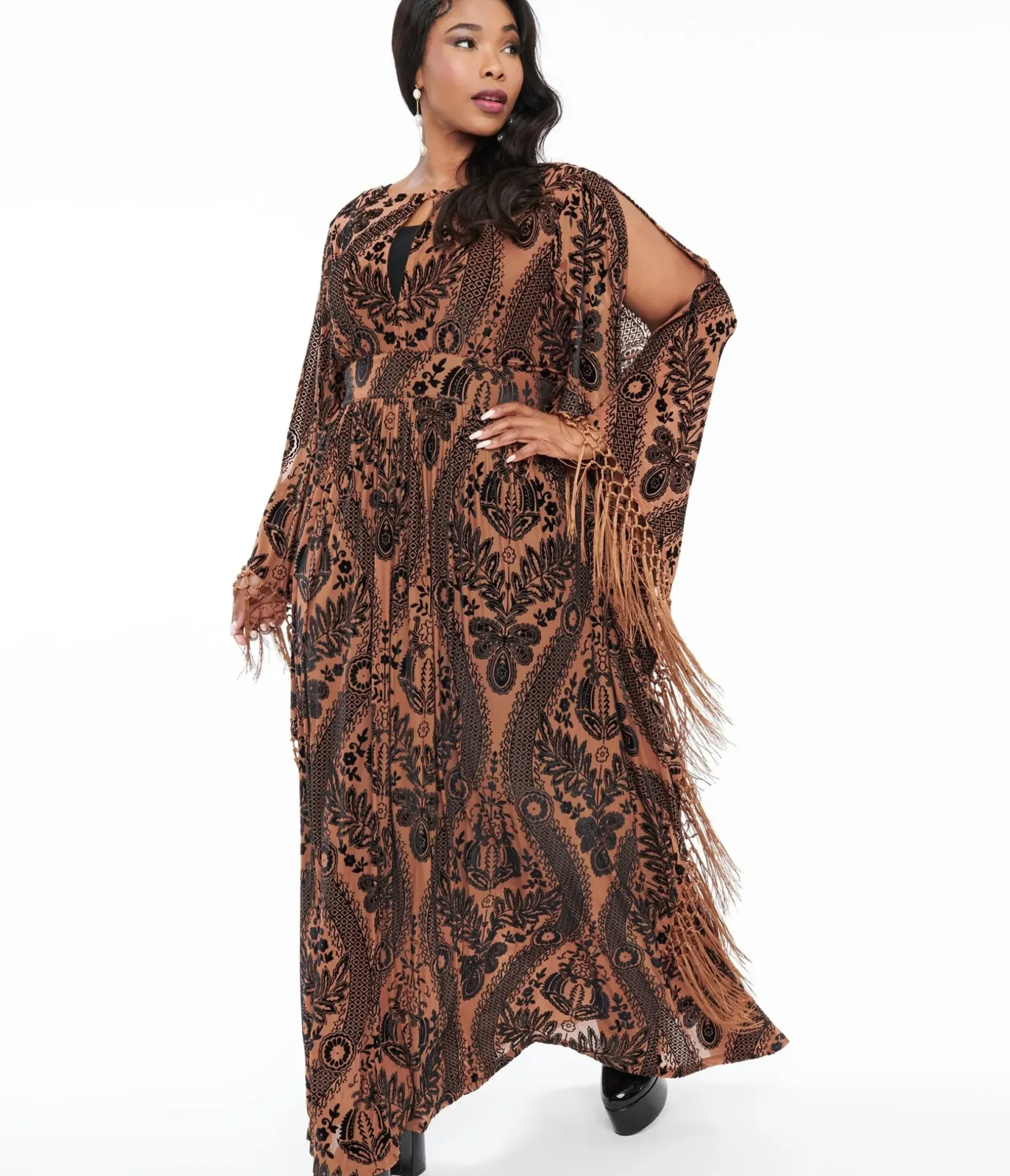 Unique Vintage Caftans|Caftans>Plus Size 1960s Black & Nude Floral Fringe Flutter Sleeve Caftan