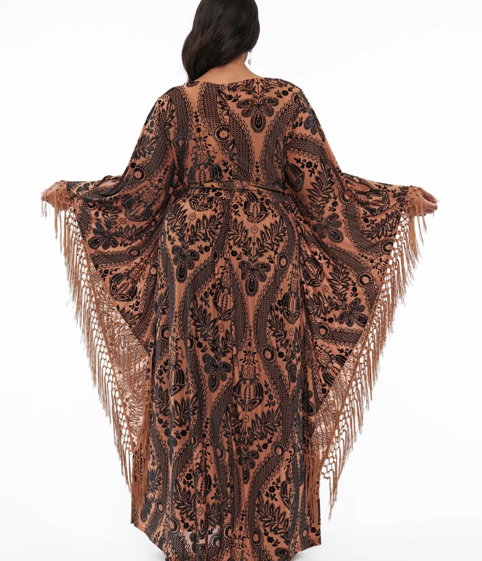 Unique Vintage Caftans|Caftans>Plus Size 1960s Black & Nude Floral Fringe Flutter Sleeve Caftan