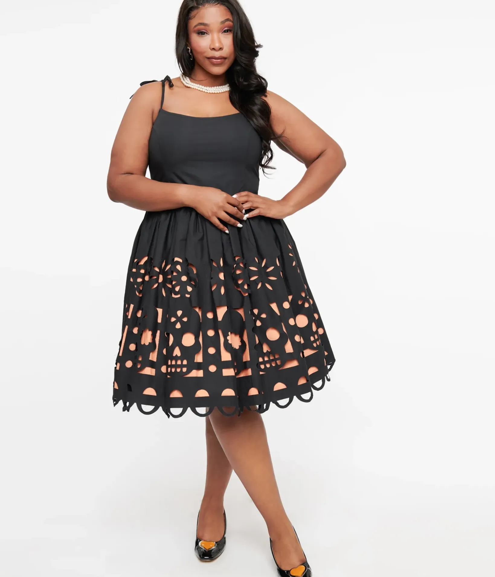 Unique Vintage Everyday Dresses|All Things Black>Plus Size 1950s Black & Orange Dia De Los Muertos Cutout Bobbie Swing Dress