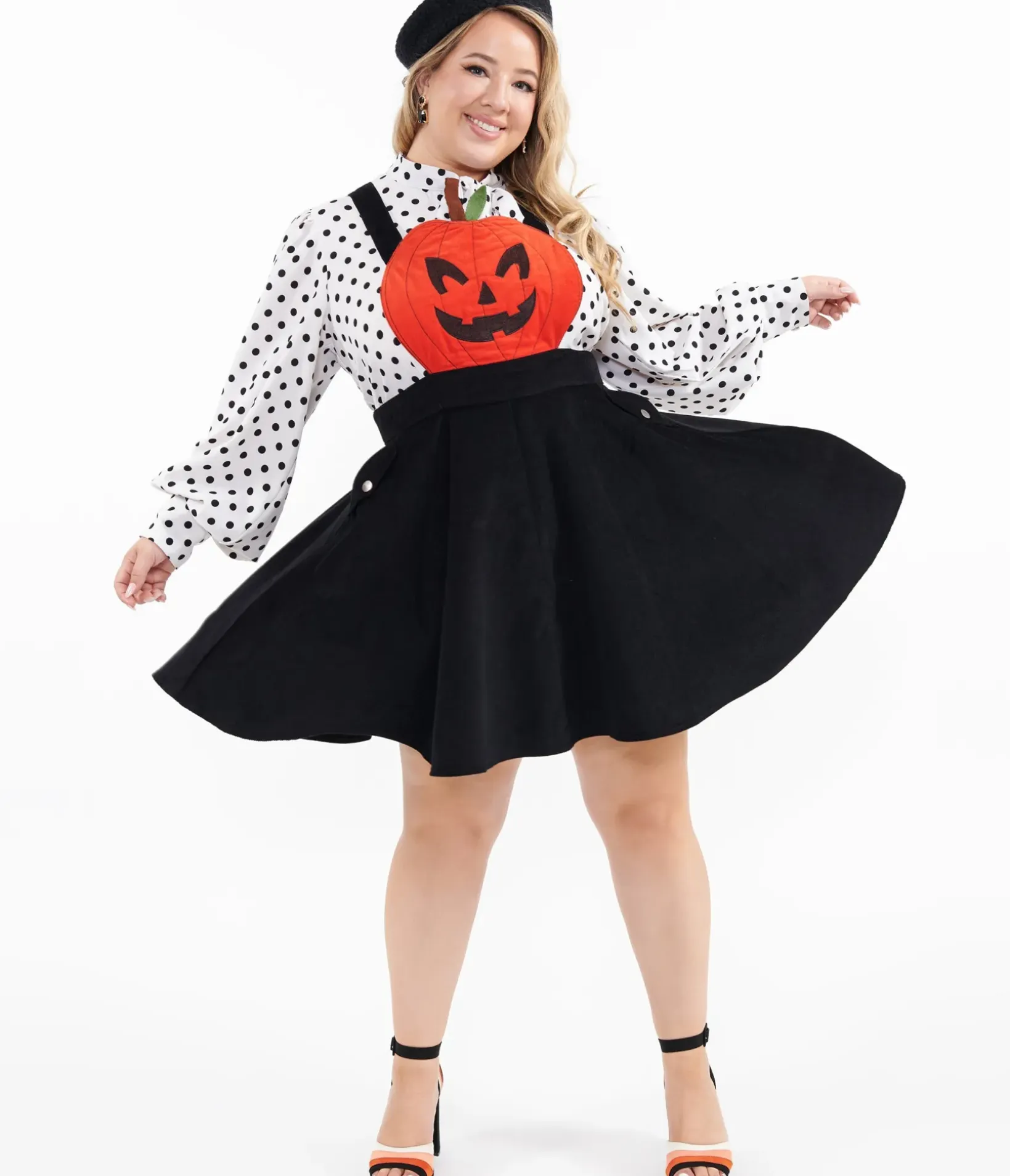 Unique Vintage Skirts|Skirts>Plus Size 1950s Black & Orange Jack-O-Lantern Pinafore