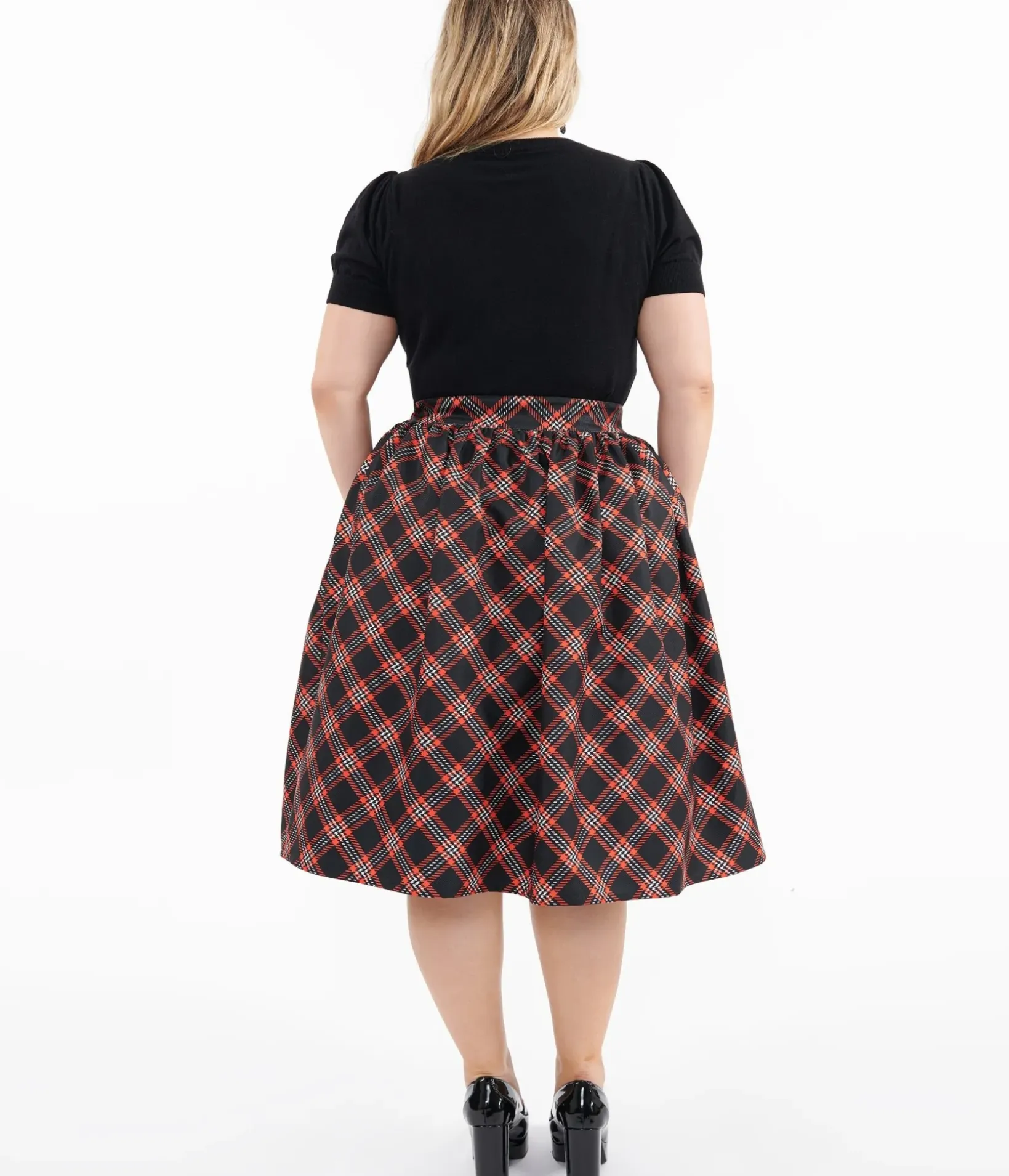 Unique Vintage Skirts|Skirts>Plus Size 1950s Black & Orange Plaid Gellar Swing Skirt