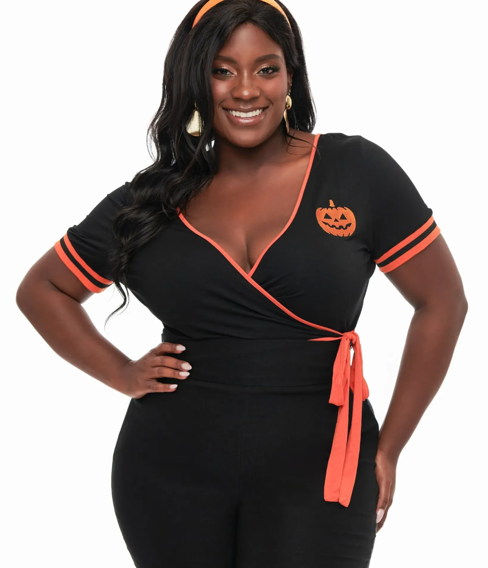 Unique Vintage All Things Black|Halloween>Plus Size 1970s Black & Orange Pumpkin Surplice Bodysuit