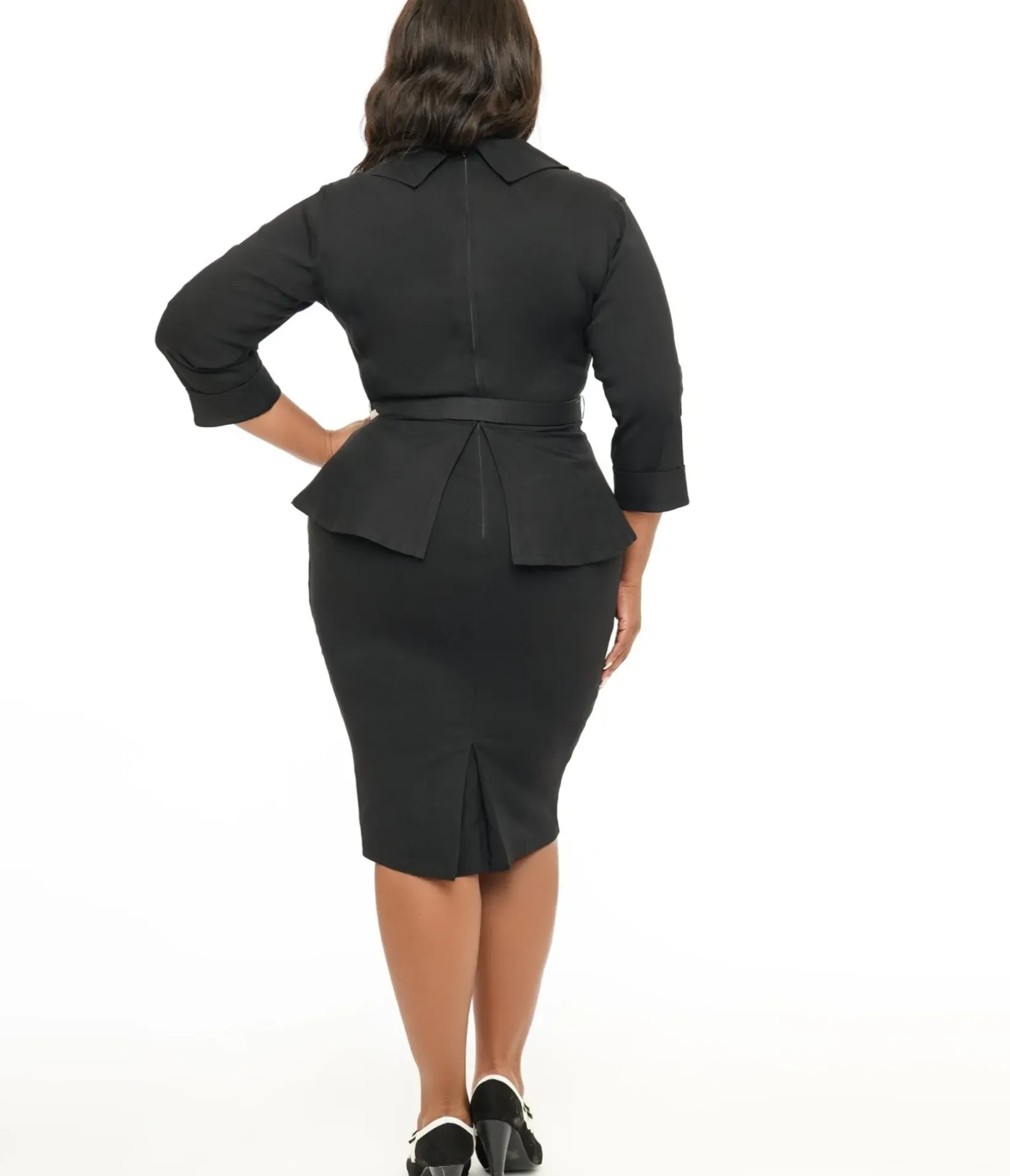 Unique Vintage Pencil|Pencil>Plus Size 1940s Black Peplum Cooper Suit Pencil Dress