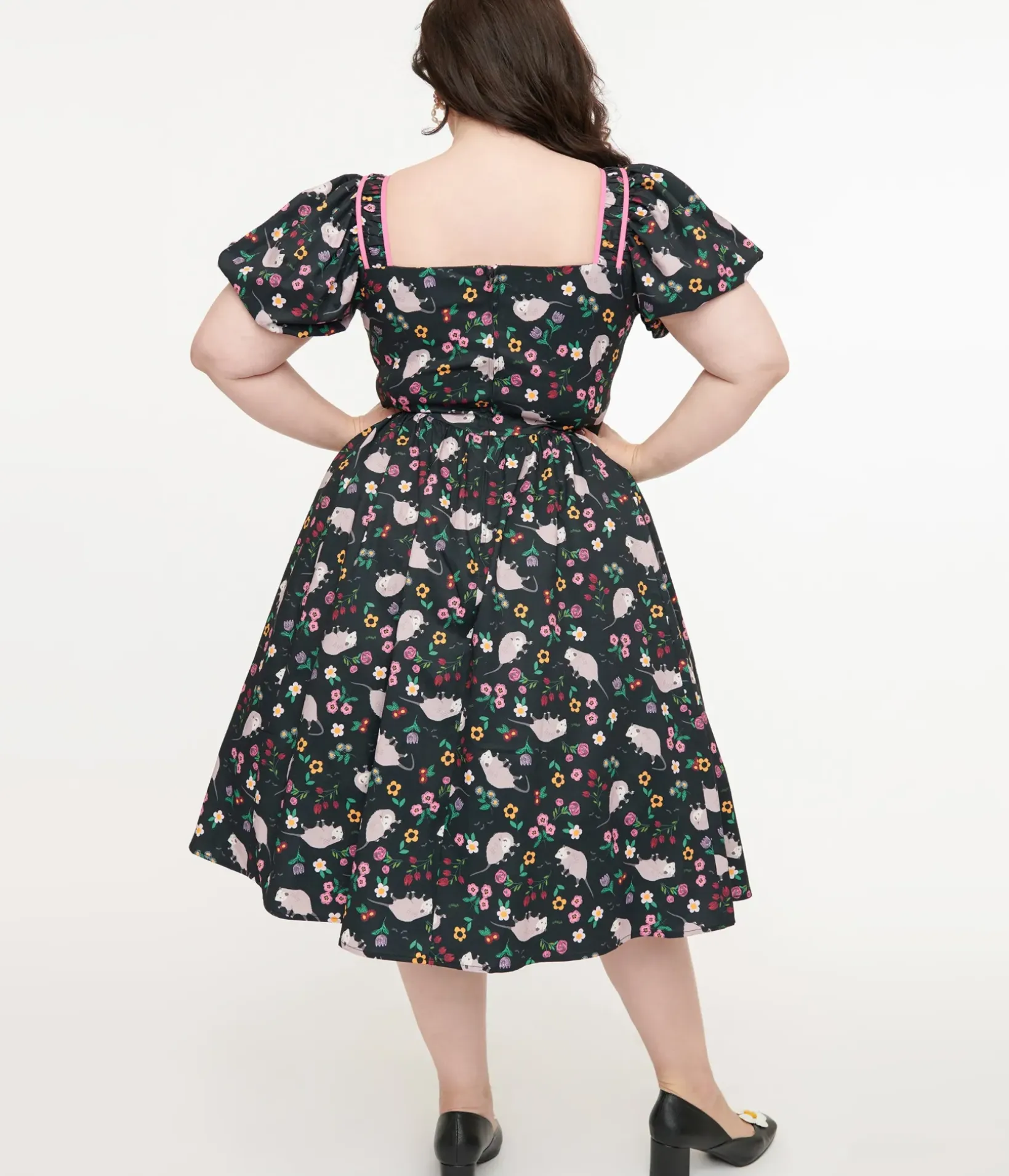 Unique Vintage Swing|Swing>Plus Size 1940s Black & Pink Awesome Possum Button Front Swing Dress