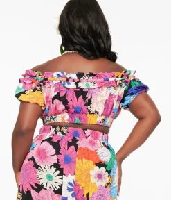 Unique Vintage Blouses|Blouses>Plus Size 1970s Black & Pink Floral Off Ruffle Up Crop Top