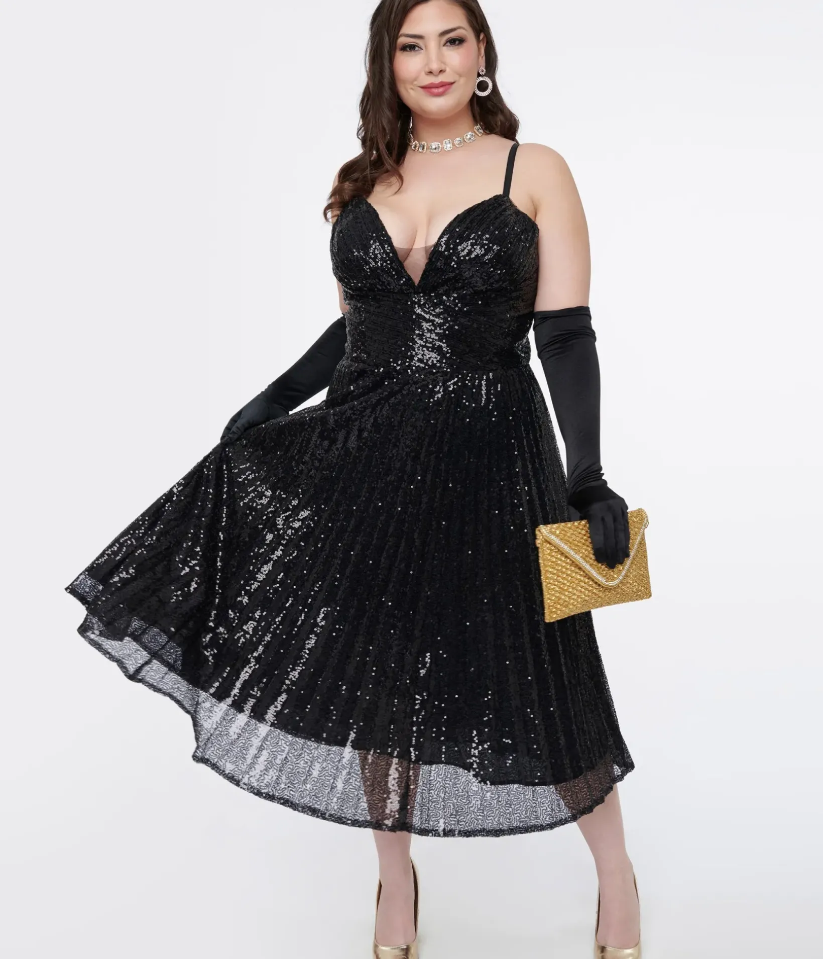 Unique Vintage Swing|Swing>Plus Size 1950s Black Pleated Sequin Swing Dress