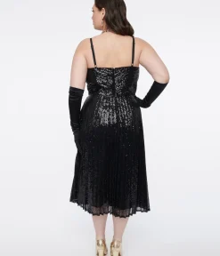 Unique Vintage Swing|Swing>Plus Size 1950s Black Pleated Sequin Swing Dress