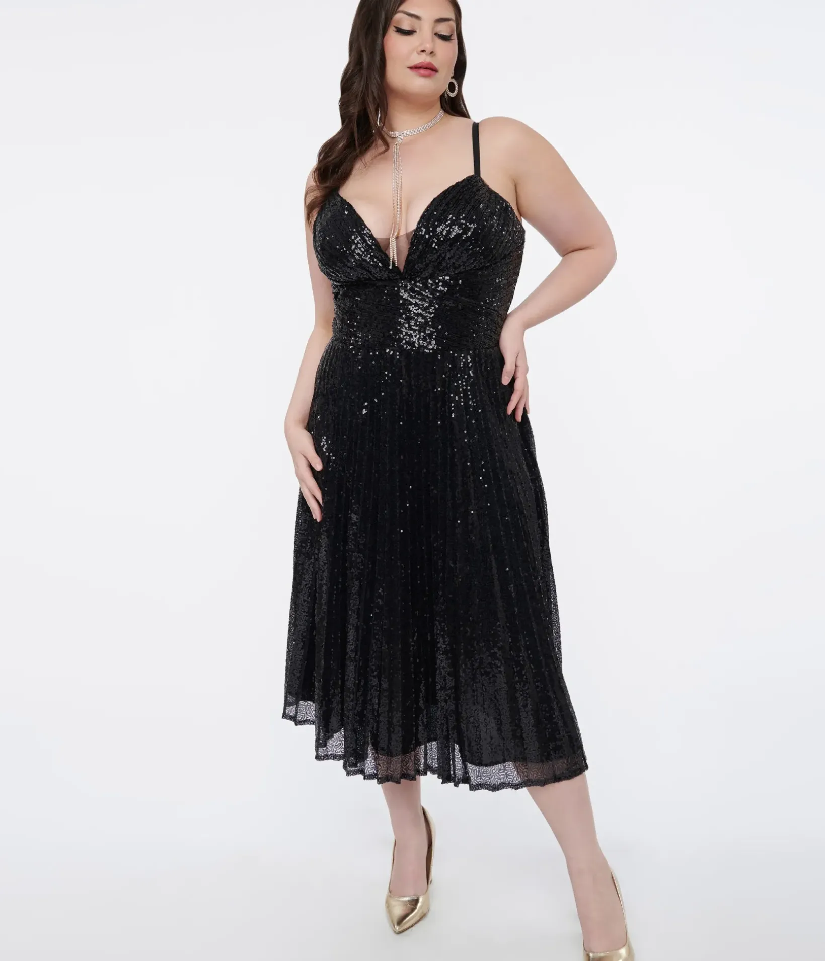 Unique Vintage Swing|Swing>Plus Size 1950s Black Pleated Sequin Swing Dress