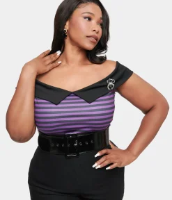 Unique Vintage All Things Black|Halloween>Plus Size 1950s Black & Purple Stripe Maraschino Top