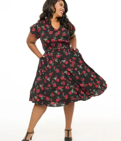 Unique Vintage Swing|Swing>Plus Size 1940s Black & Red Floral Print Tulip Sleeve Swing Dress