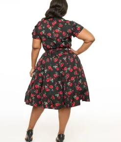 Unique Vintage Swing|Swing>Plus Size 1940s Black & Red Floral Print Tulip Sleeve Swing Dress