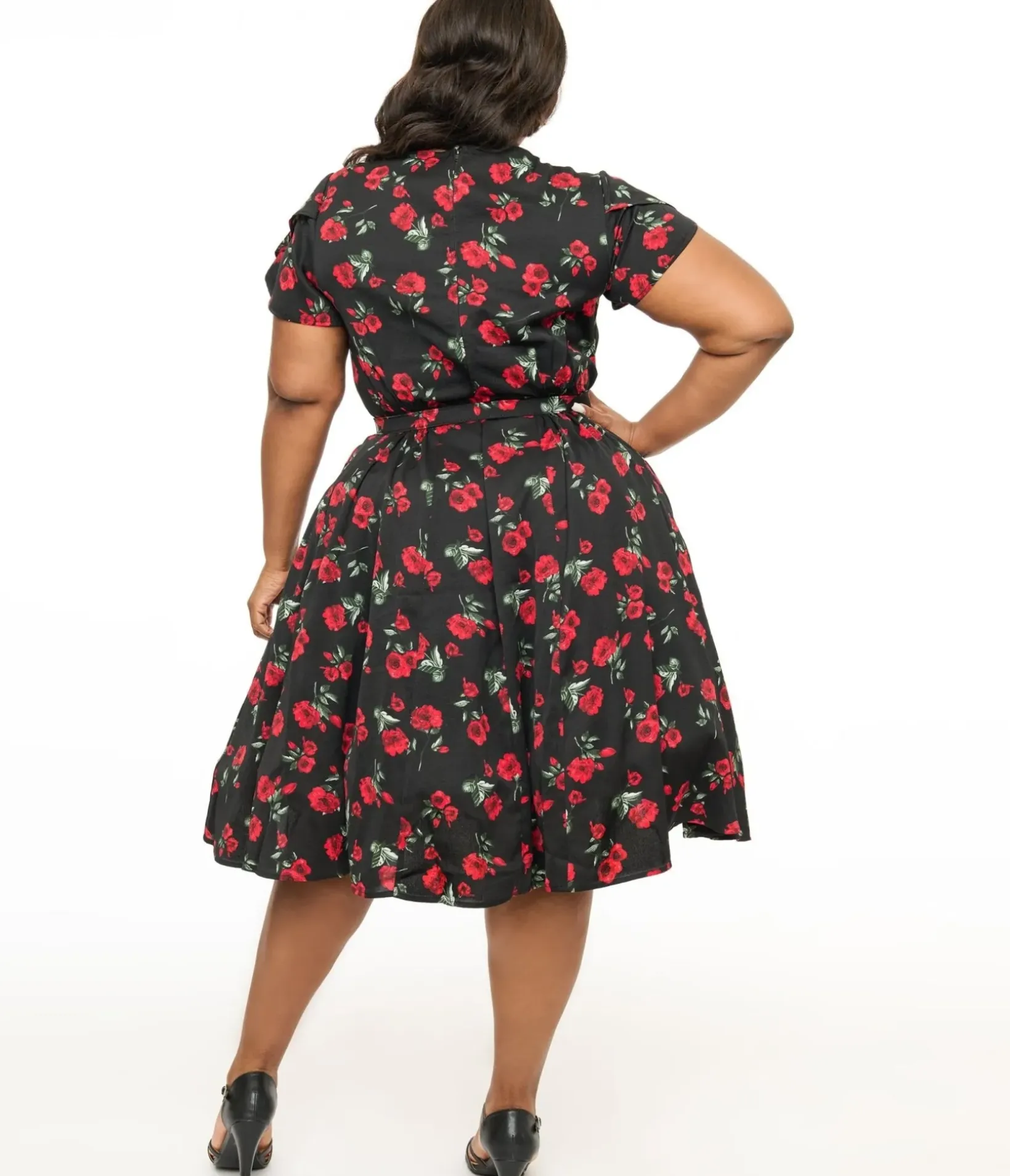 Unique Vintage Swing|Swing>Plus Size 1940s Black & Red Floral Print Tulip Sleeve Swing Dress