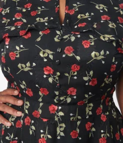 Unique Vintage Fit & Flare|Fit & Flare>Plus Size 1950s Black & Red Rose Capulet Fit & Flare Dress