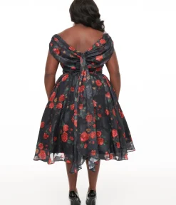 Unique Vintage Swing|Swing>Plus Size 1950s Black & Red Rose Off The Shoulder Cocktail Dress